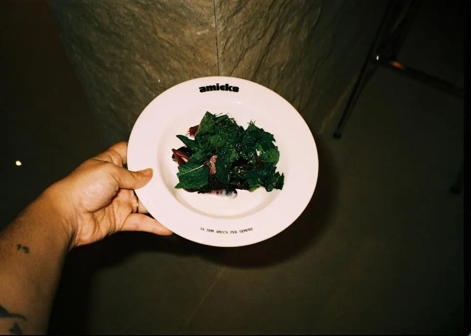 A plate of greens with the Amicks logo, held in one hand