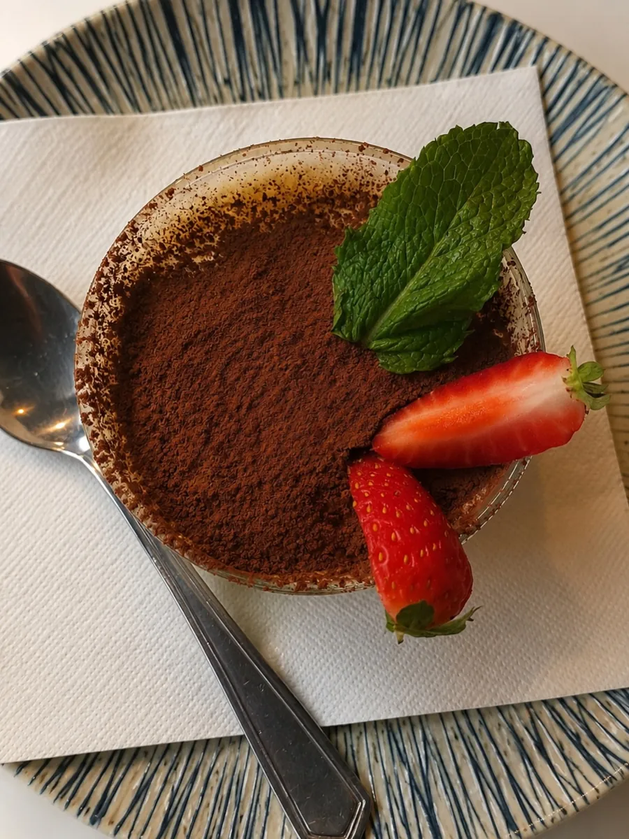 Tiramisú espolvoreado de cacao, con fresas y una hoja de menta